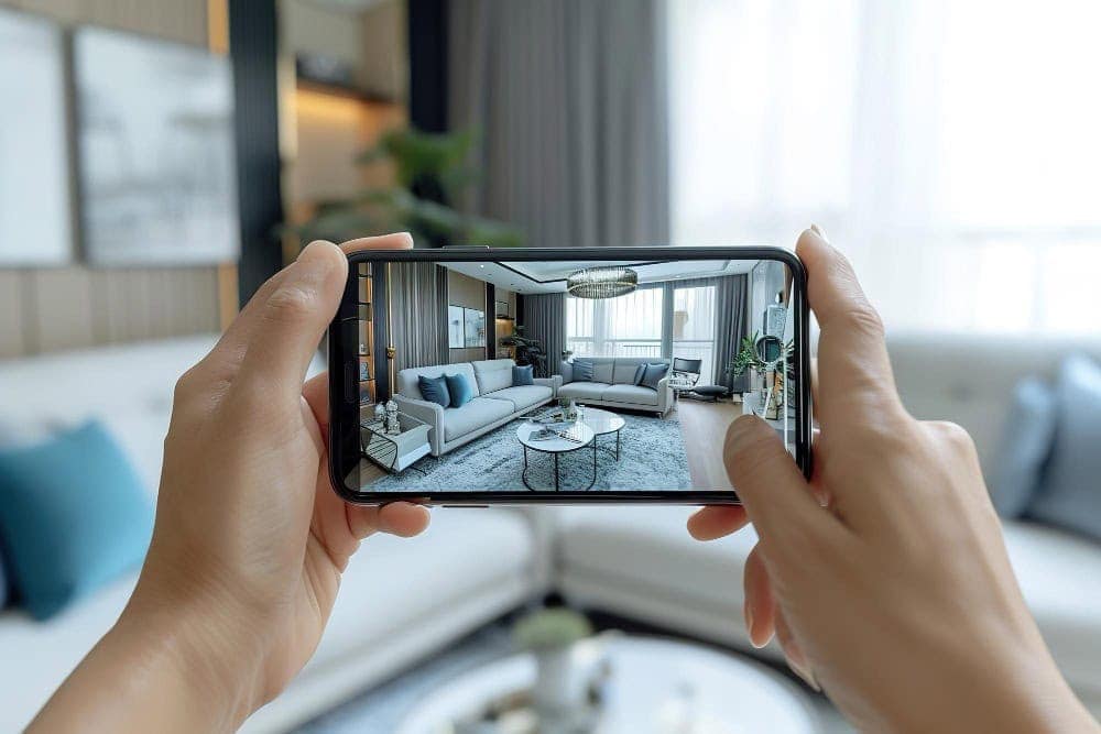 Modern living room interior with person capturing the space on smartphone.